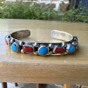 Old Pawn Navajo Bracelet Size‎ 6.5 Blue Turquoise Coral Raindrops Sterling 31.6g